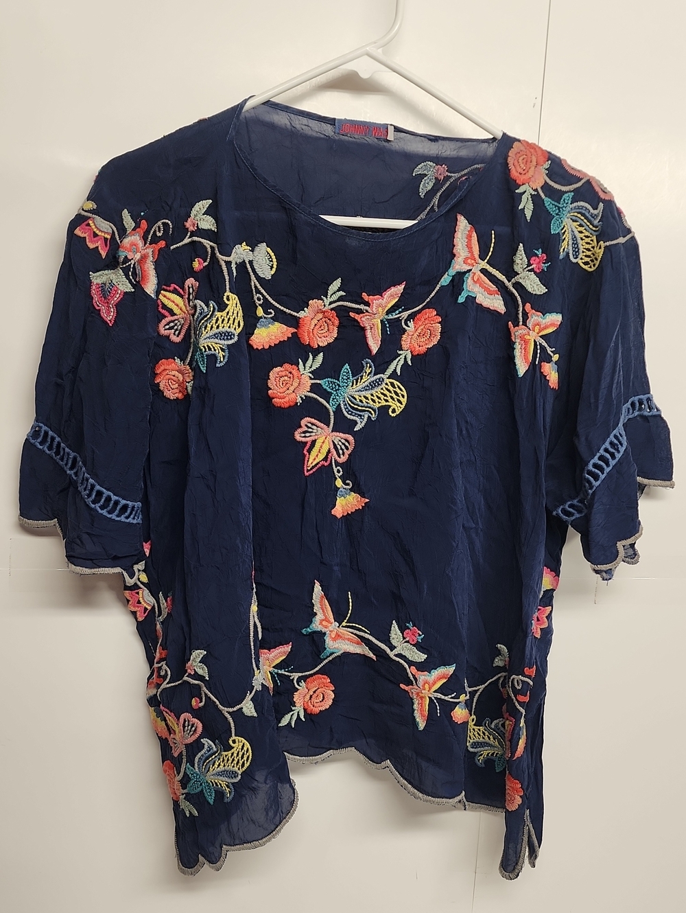 Johnny Was Navy Embroidered Floral Tunic Gardencore Beautiful Boho Hippie XXL